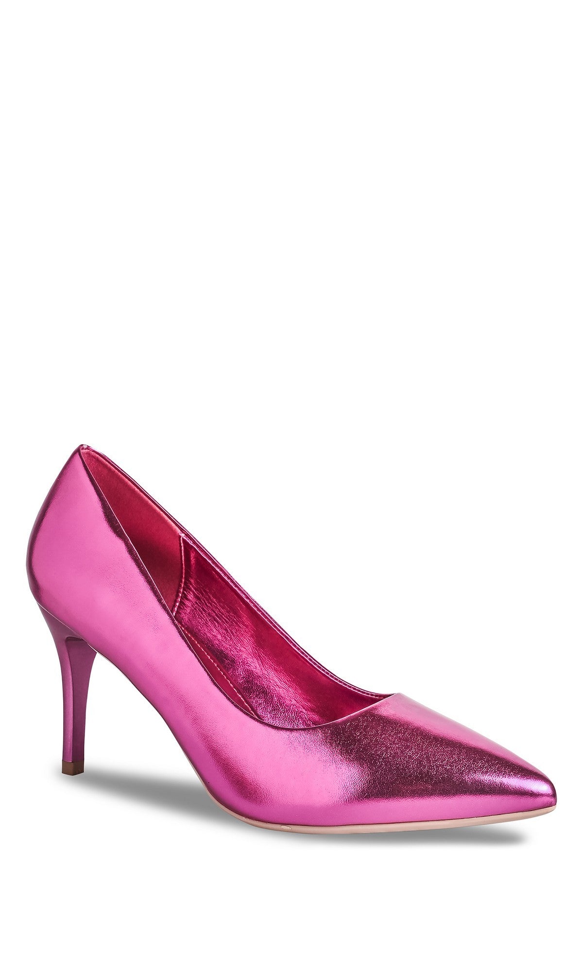 The Tia Neon Pink Prom Shoes (Touch Ups 4752) feature a shiny neon pink finish, pointed toe, and 3-inch stiletto heel. This stylish mid-height pump is shown on a white background.